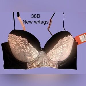 Gilligan & Omalley Bra 38B NWT Black&Lt Pink Molded Cups Wide band Fullcoverage